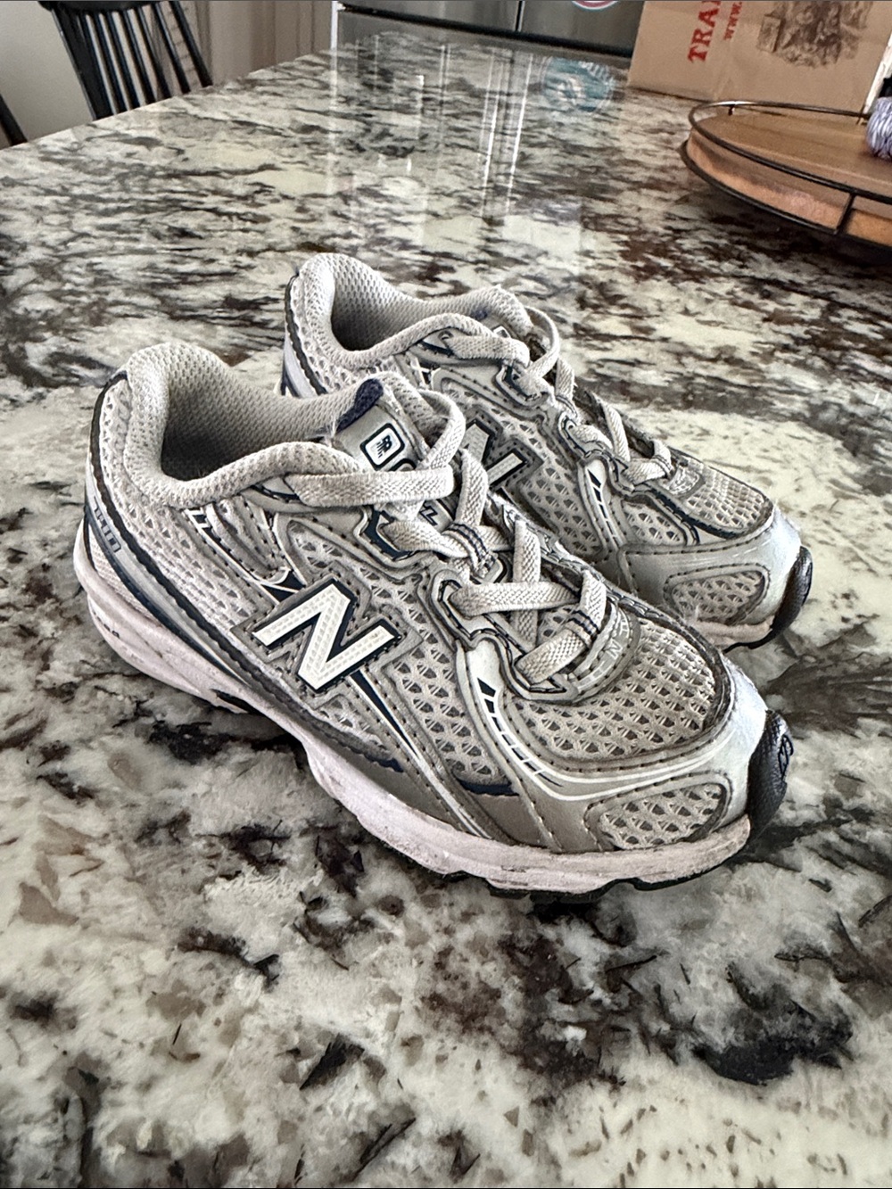 New Balance Kids Light Gray and Navy Mesh Sneakers